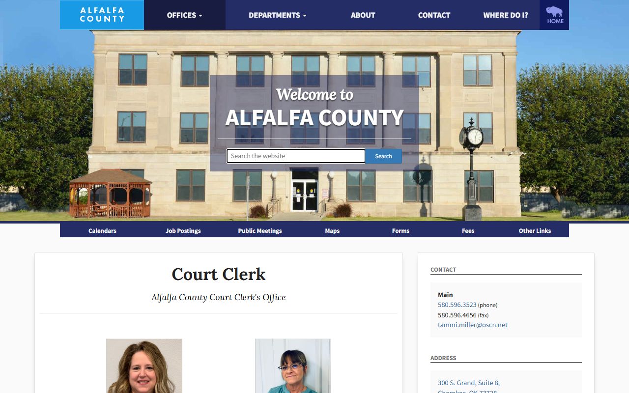 Alfalfa County court clerk page for court records after jail arrest