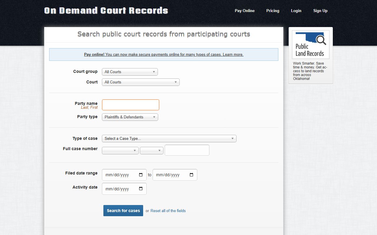 ODCR Alfalfa County court records after arrest search fields